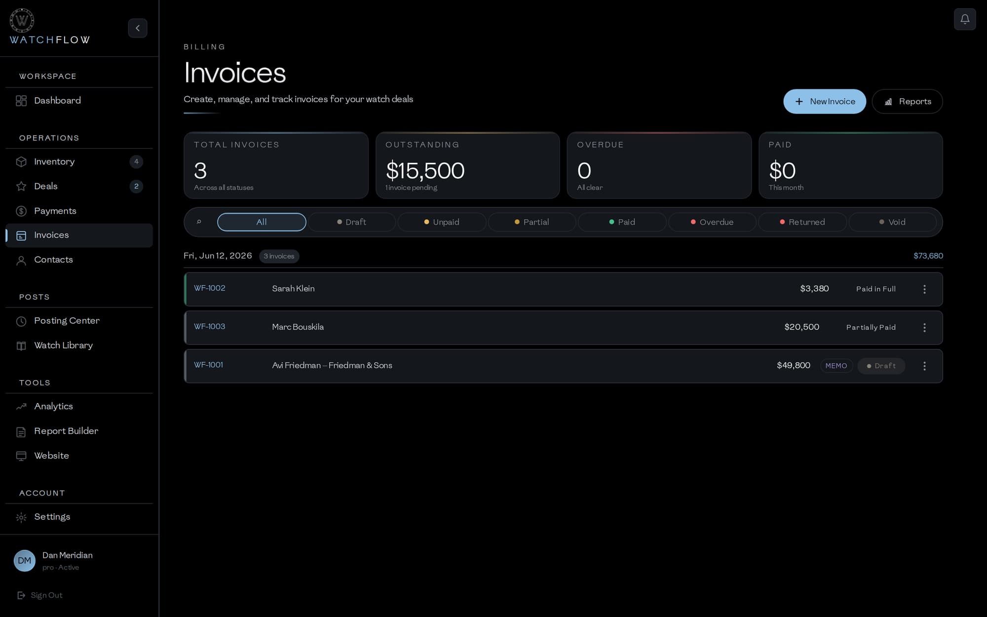 WatchFlow invoices — night