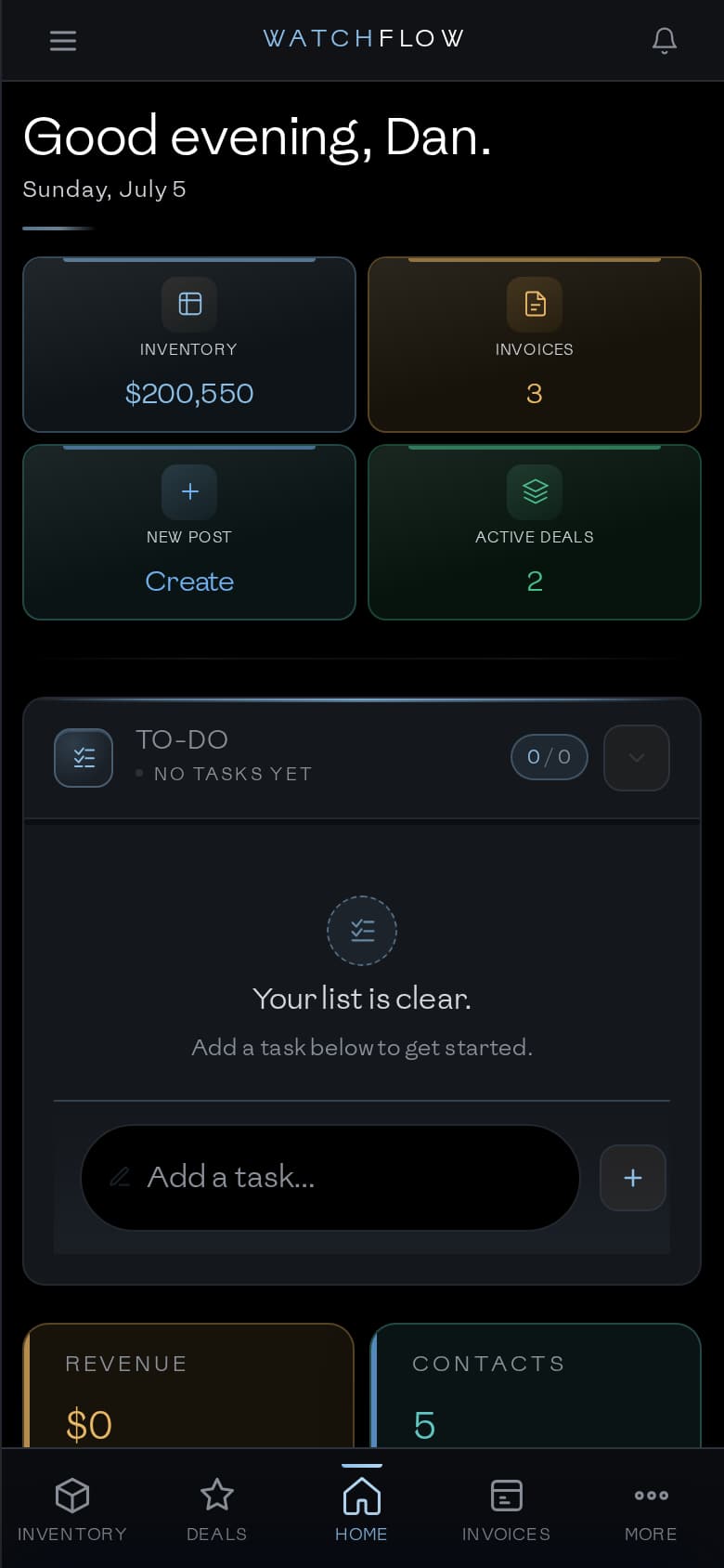 WatchFlow dashboard on iPhone — night