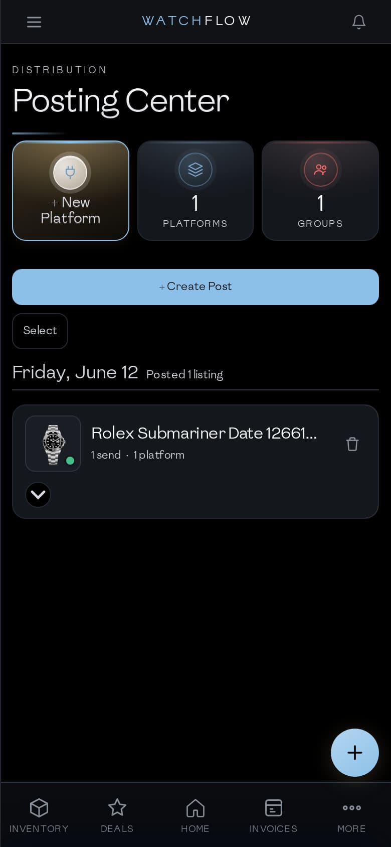 WatchFlow posting on iPhone — night