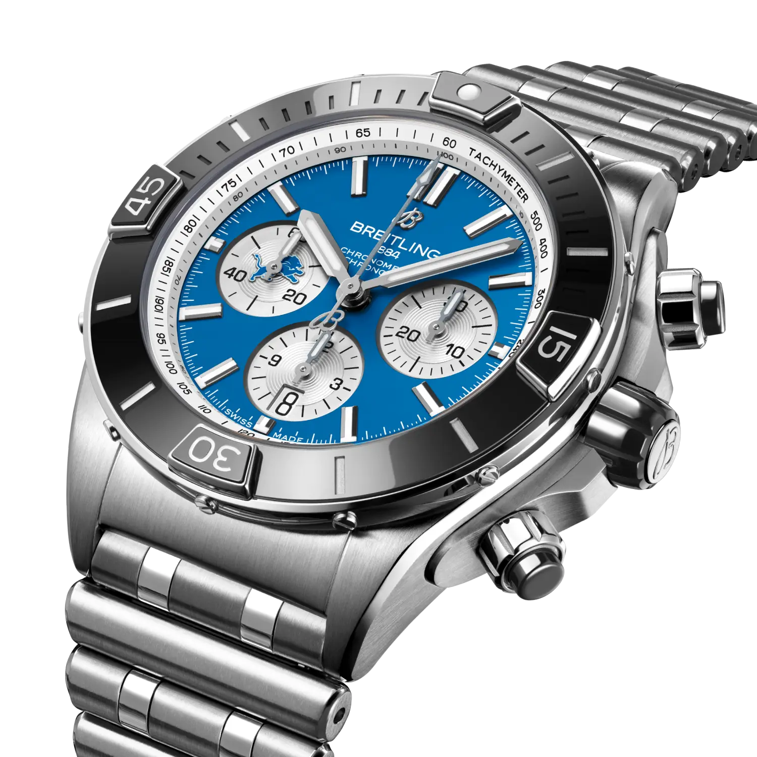 Breitling Super Chronomat B01 Chronograph 44 NFL Detroit Lions Edition, Stainless steel · 44 mm · Blue AB01361C1C2A1