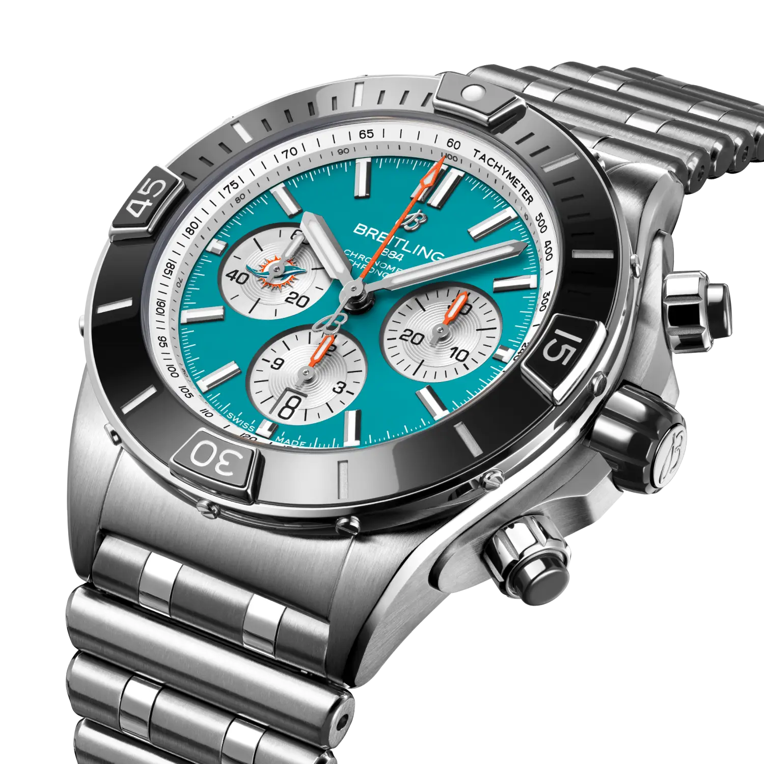 Breitling Super Chronomat B01 Chronograph 44 NFL Miami Dolphins, Stainless steel · 44 mm · Turquoise AB01361C1L2A1