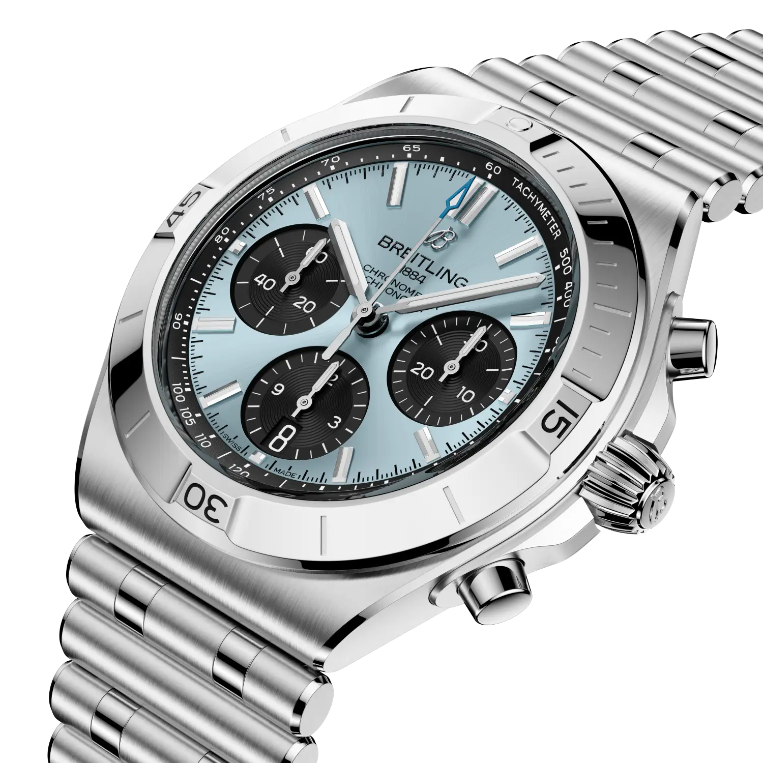 Breitling Chronomat B01 Chronograph 42, Stainless steel & platinum · 42 mm · Ice blue PB0158101C1A1