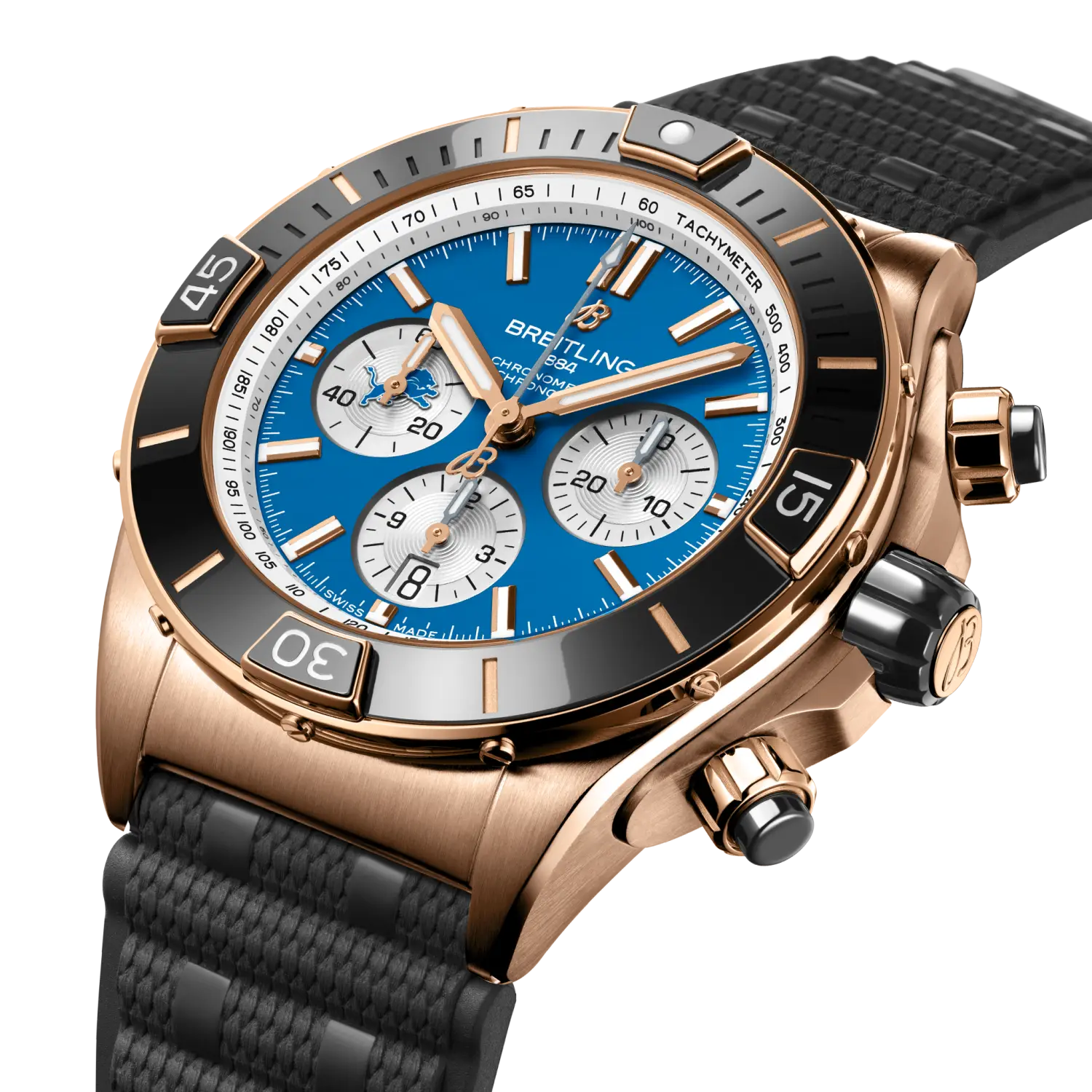 Breitling Super Chronomat B01 Chronograph 44 NFL Detroit Lions Edition, 18k red gold · 44 mm · Blue RB01366A1C2S1