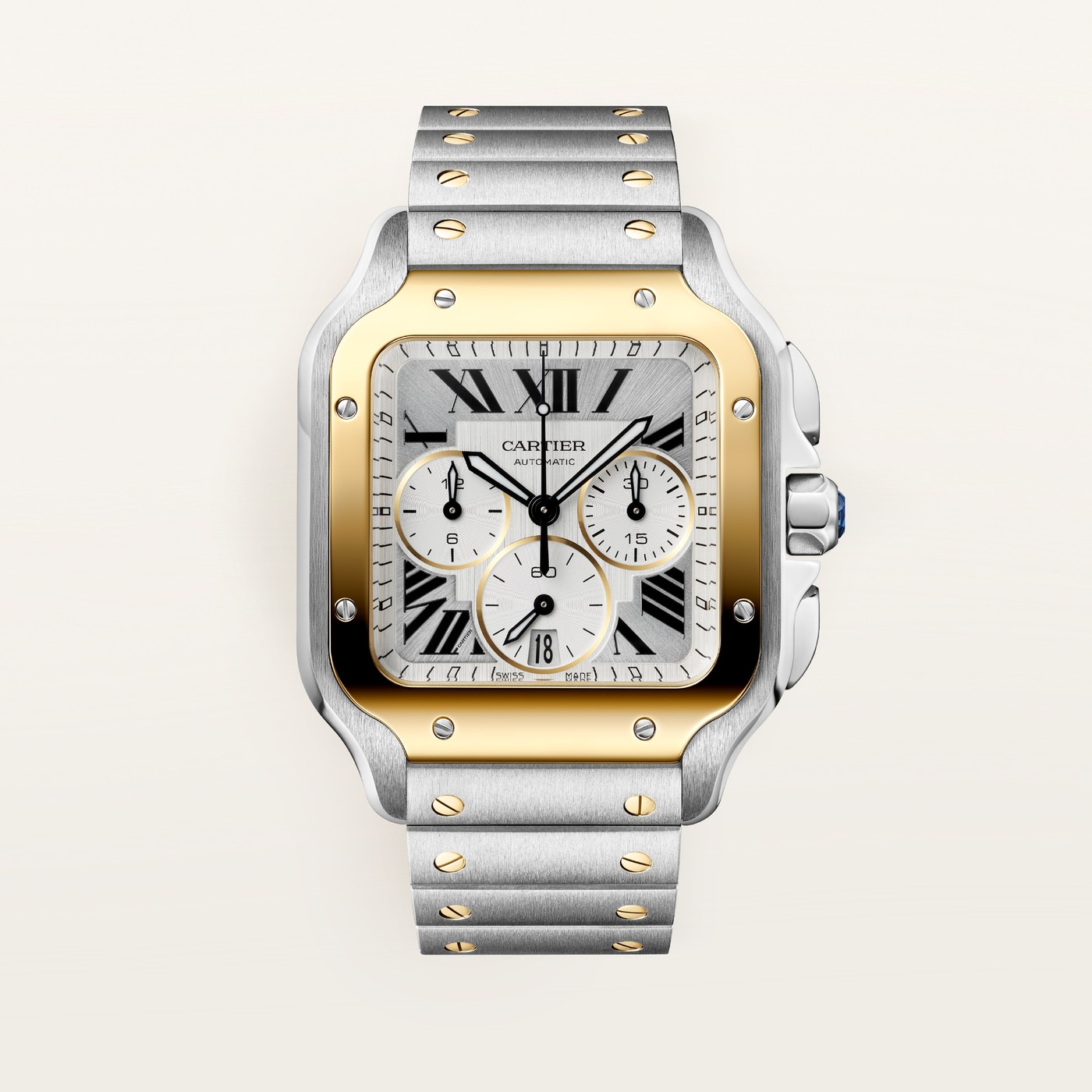 Santos de Cartier, Large model, automatic movement, yellow gold, steel, interchangeable metal bracelet and rubber straps W2SA0035
