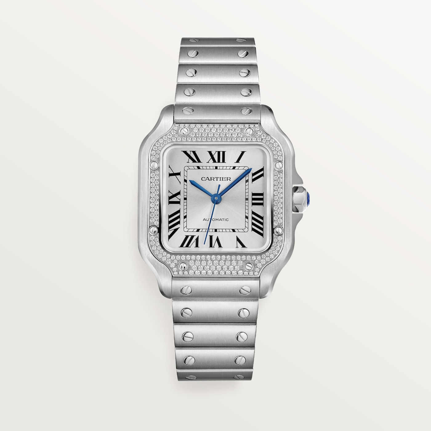 Santos de Cartier, Medium model, automatic, steel, diamonds, interchangeable metal and leather bracelets W4SA0005