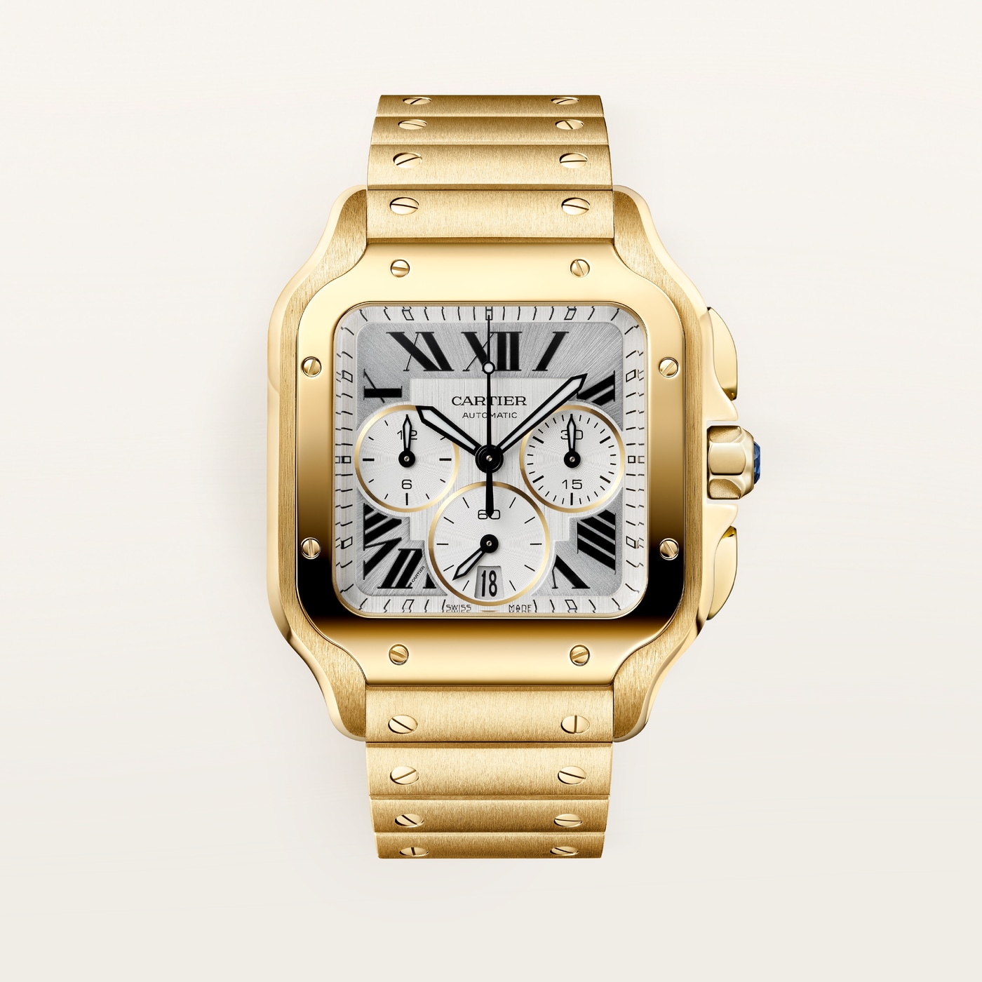 Santos de Cartier, Large model, automatic movement, yellow gold, interchangeable metal bracelet and leather straps WGSA0110