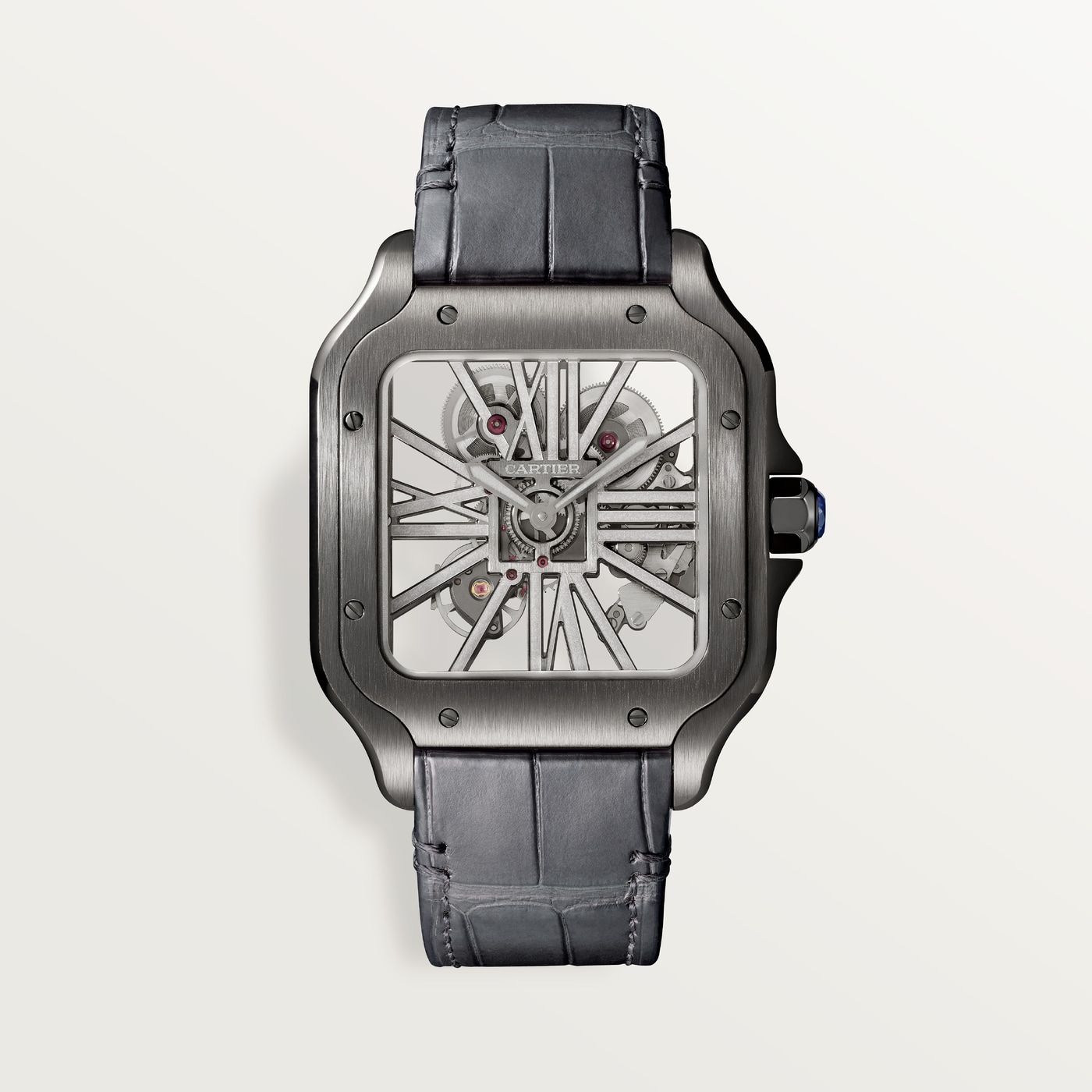 Santos de Cartier skeleton, Large model, hand-wound mechanical movement, steel, ADLC, leather WHSA0009