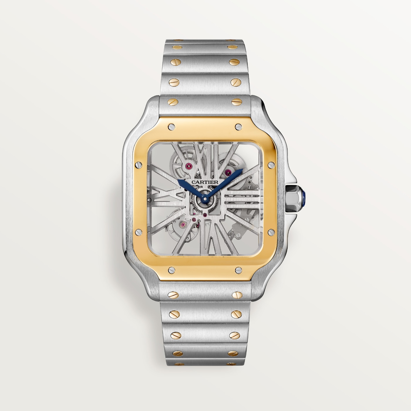 Santos de Cartier skeleton, Large model, hand-wound mechanical movement, yellow gold, steel, leather WHSA0019
