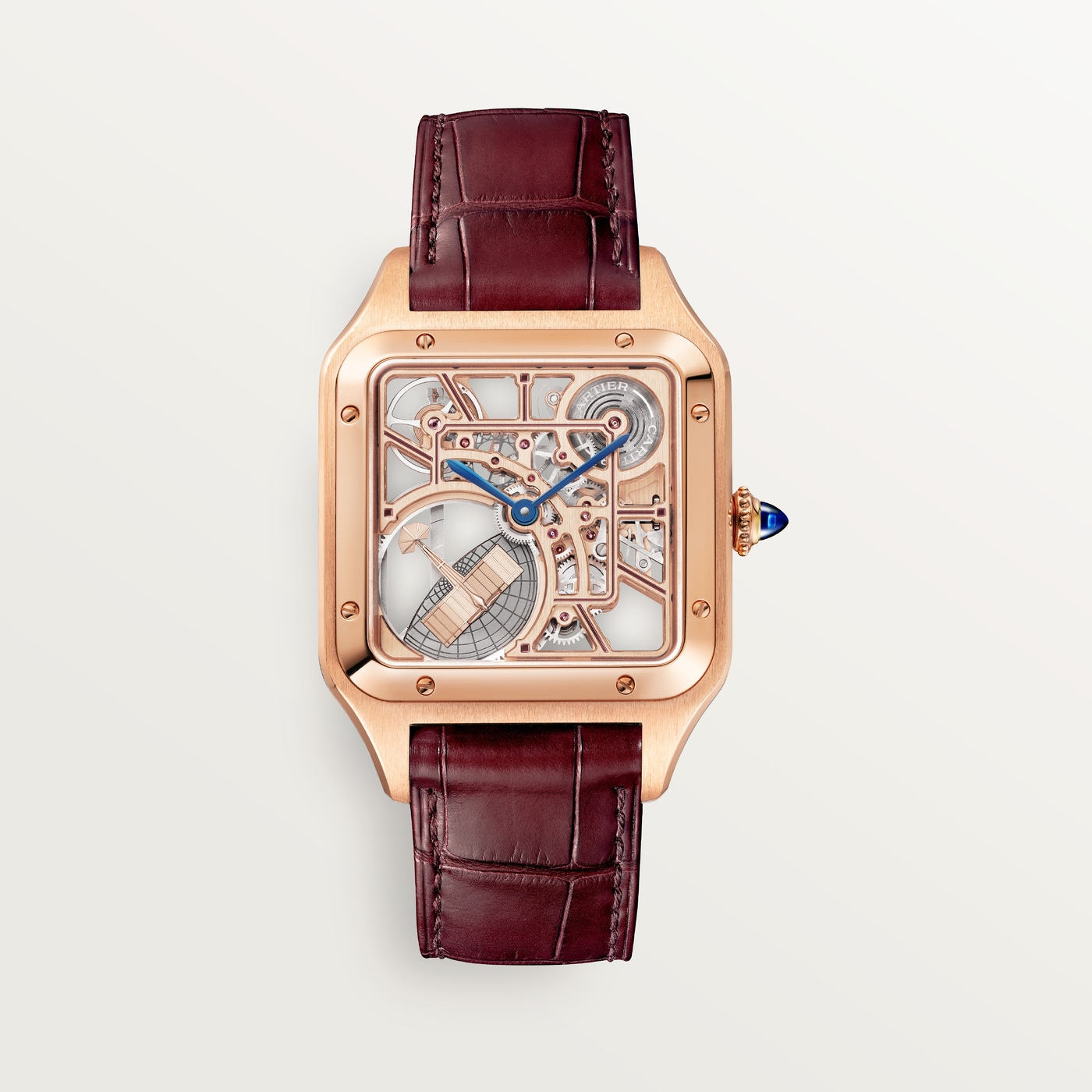 Cartier Santos-Dumont skeleton equipped with a micro-rotor, Large model, automatic mechanical skeleton movement, rose gold, leather WHSA0030