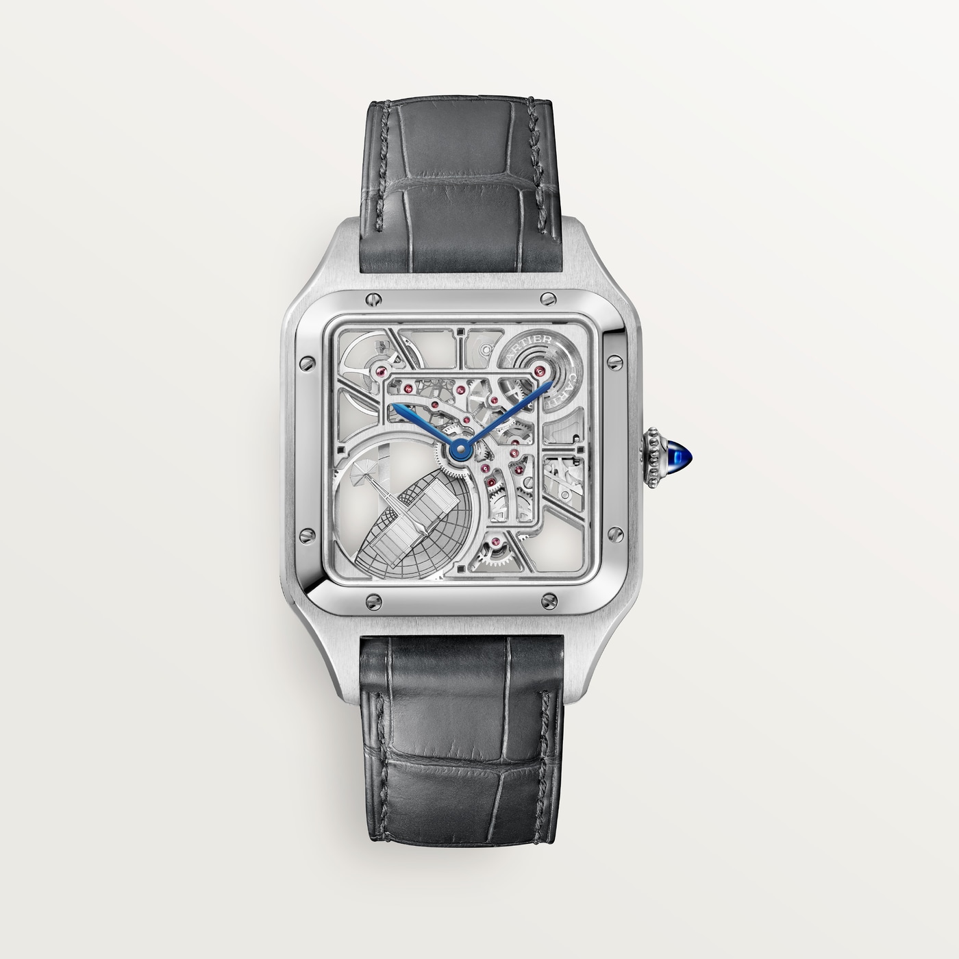 Cartier Santos-Dumont skeleton equipped with a micro-rotor, Large model, automatic mechanical skeleton movement, steel, leather WHSA0032
