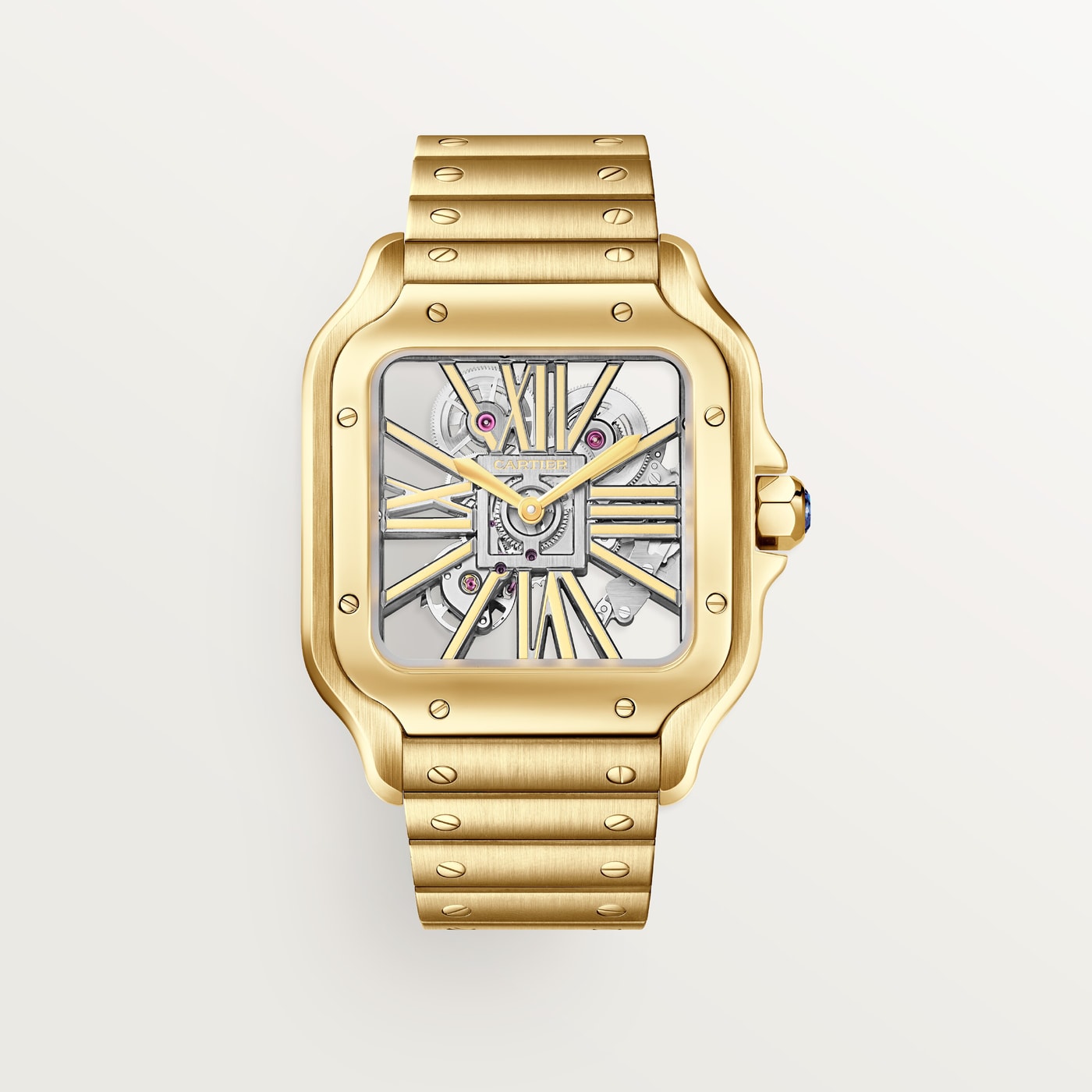 Santos de Cartier, Large model, manual skeleton movement, yellow gold, interchangeable metal and leather straps WHSA0042