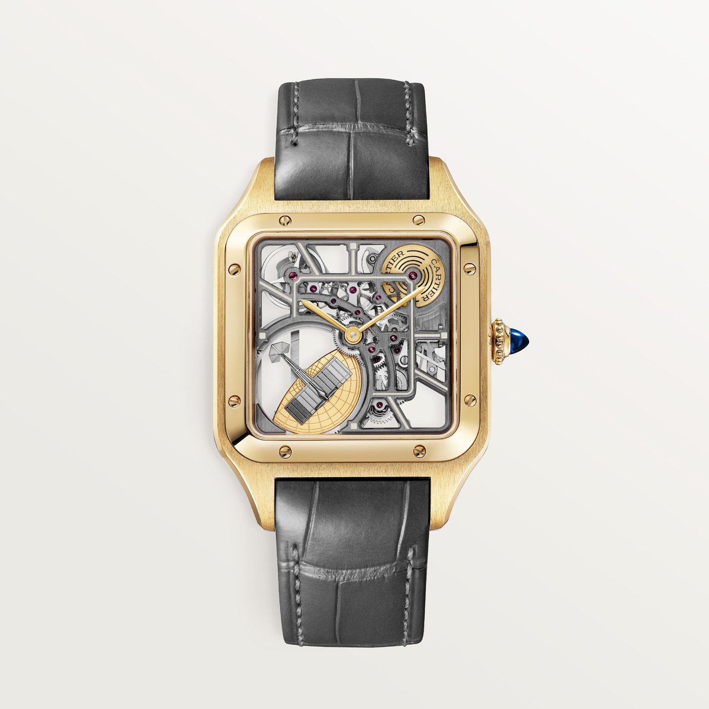 Cartier Santos-Dumont skeleton equipped with a micro-rotor, Large model, automatic skeleton movement, yellow gold, 2 leather straps WHSA0043