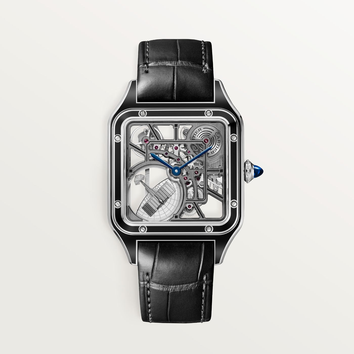 Cartier Santos-Dumont skeleton equipped with a micro-rotor, Large model, automatic skeleton movement, steel, lacquer, 2 leather straps WHSA0044