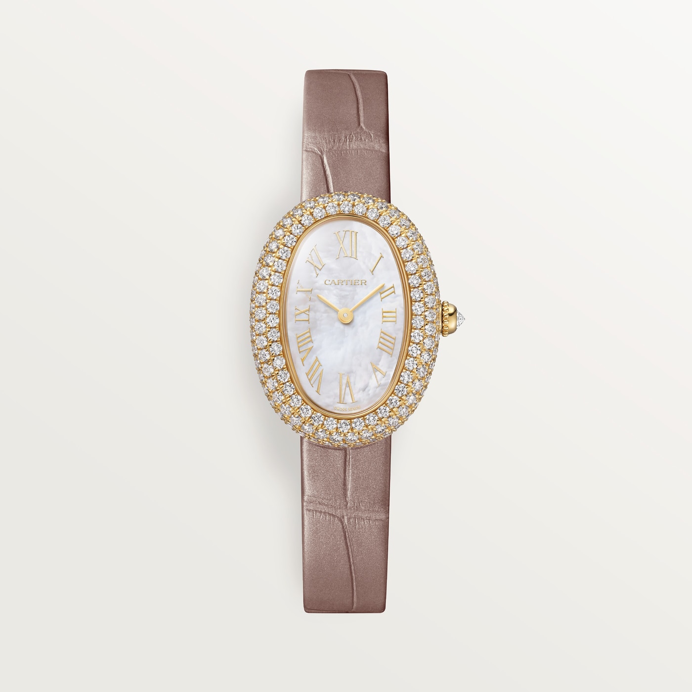 Cartier Baignoire, Small model, quartz movement, yellow gold, mother-of-pearl, diamonds, leather WJBA0048