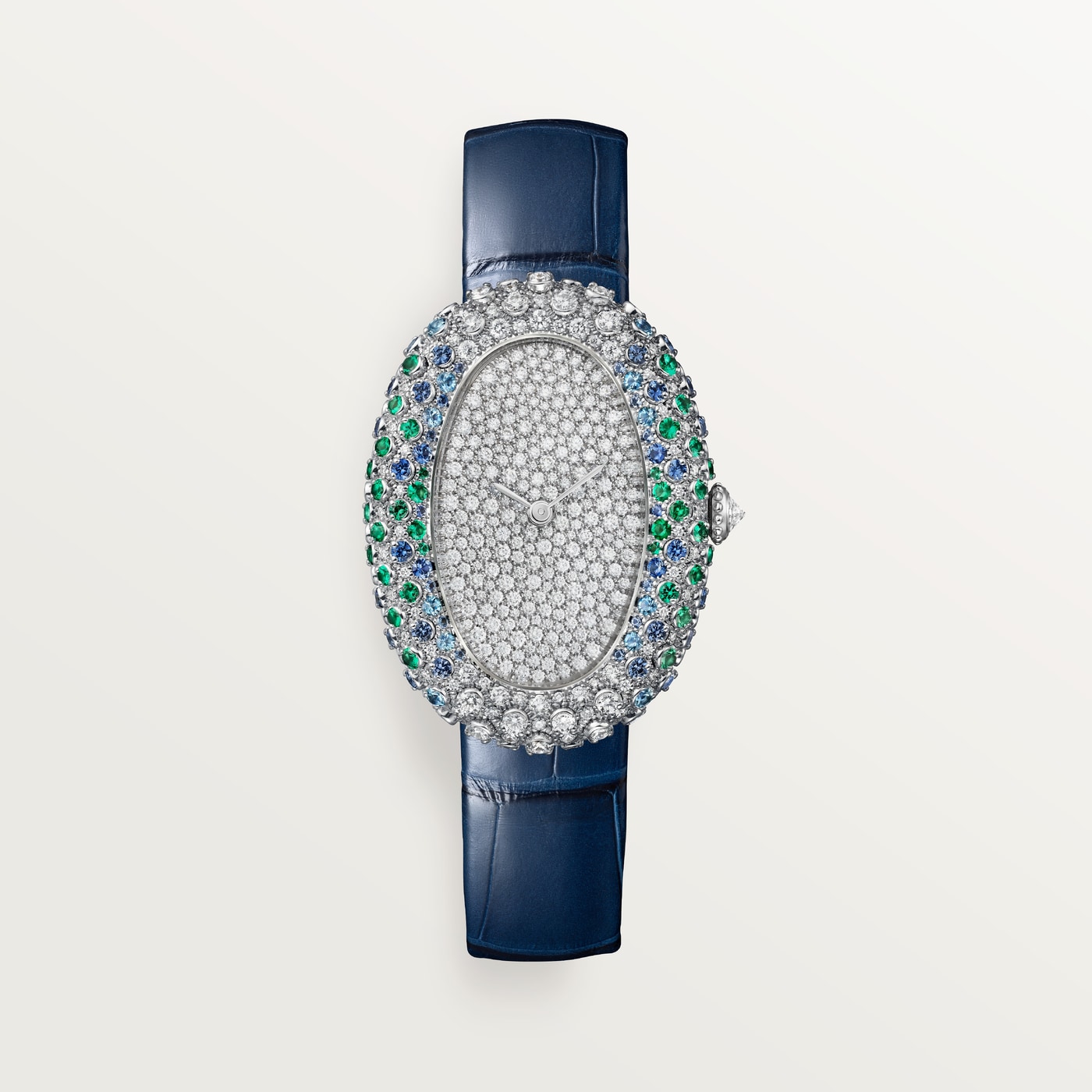 Cartier Baignoire, Medium model, quartz movement, white gold, sapphires, emeralds, diamonds, leather WJBA0060
