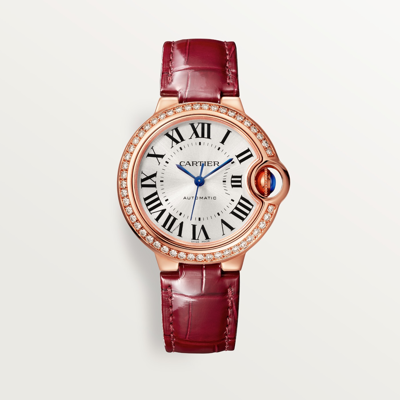 Ballon Bleu de Cartier, 33mm, automatic movement, rose gold, diamonds, leather WJBB0033