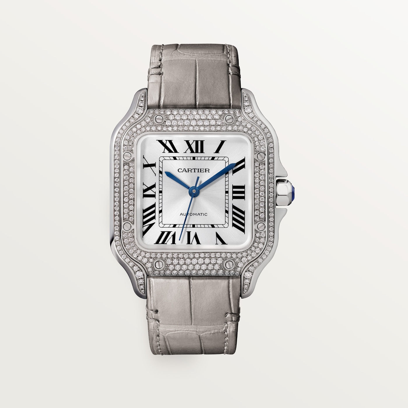 Santos de Cartier, Medium model, automatic movement, white gold, diamonds, 2 interchangeable leather bracelets WJSA0014