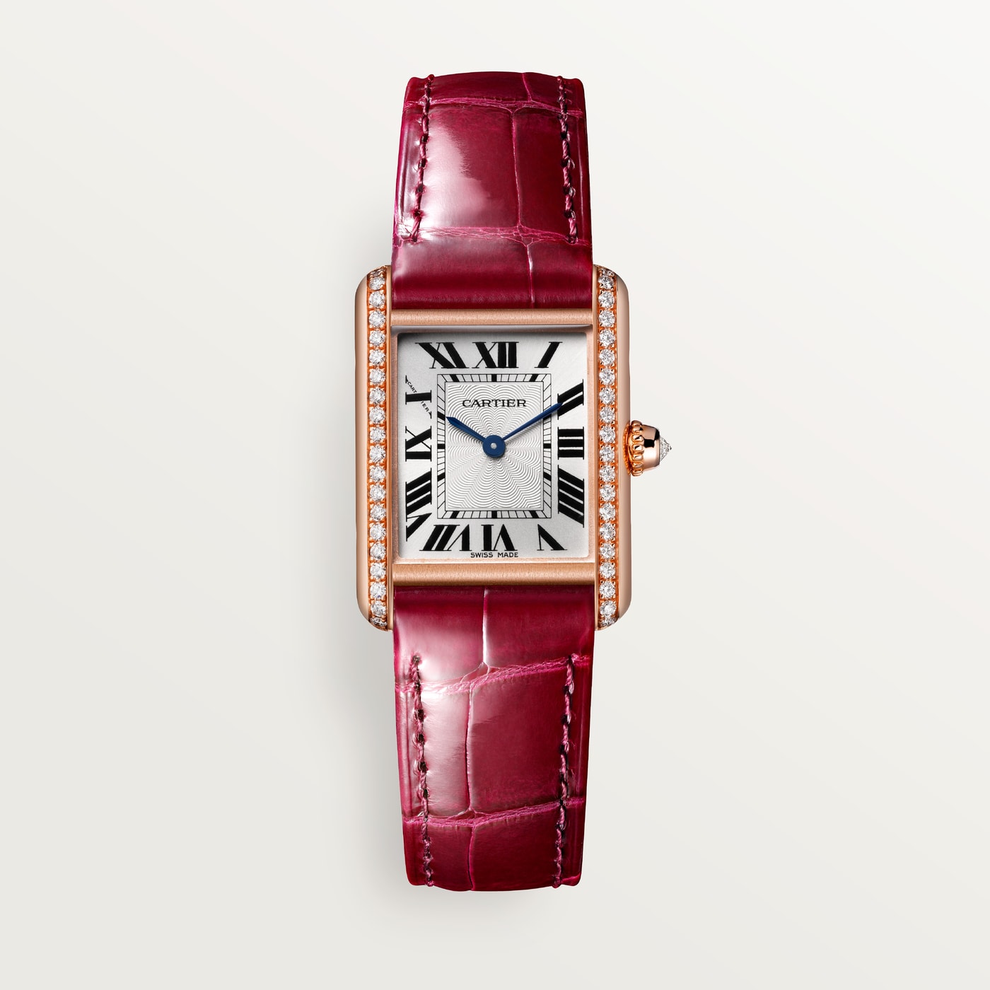 Tank Louis Cartier, Small model, hand-wound mechanical movement, rose gold, diamonds, leather WJTA0037