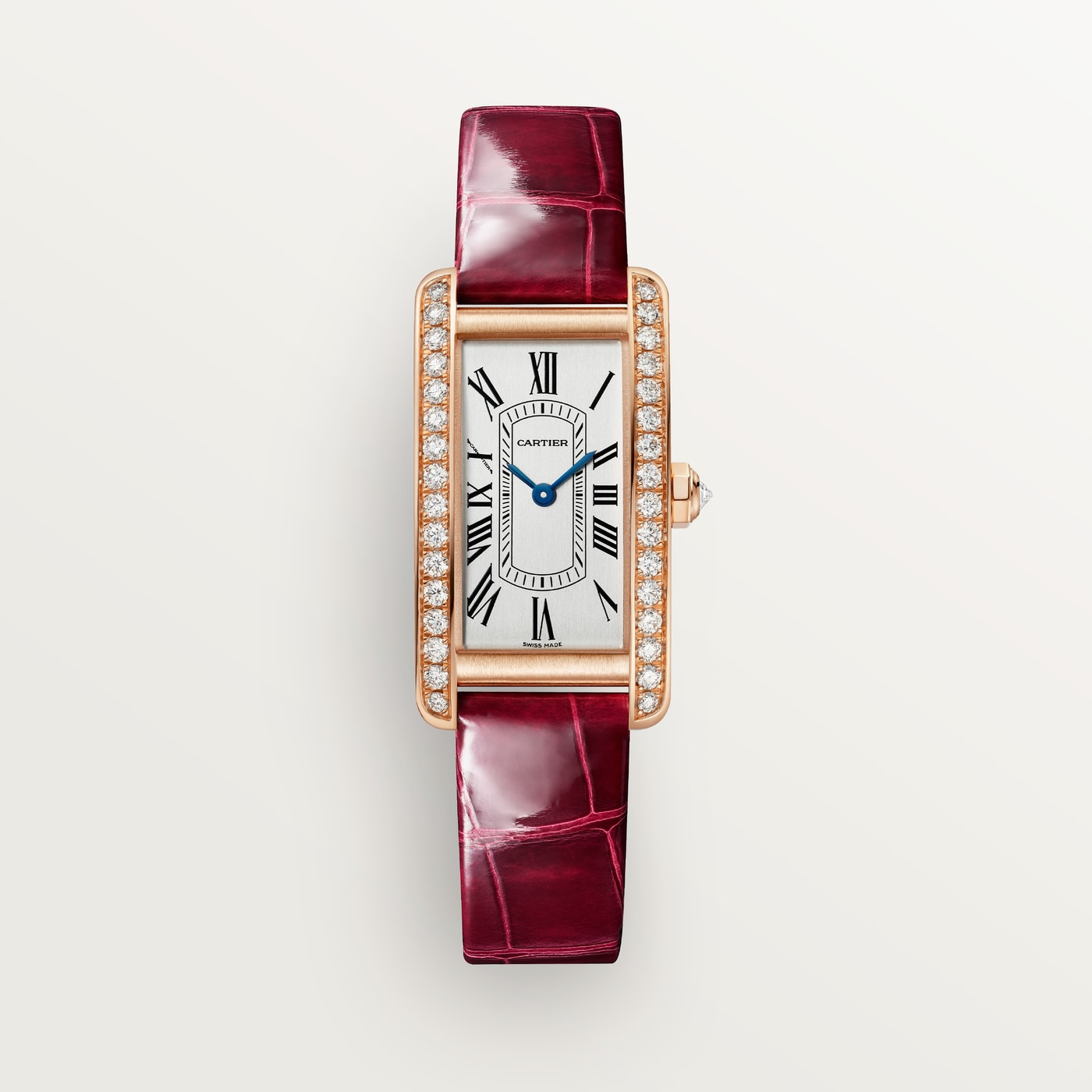 Cartier Tank Américaine, Small model, quartz movement, rose gold, diamonds, leather WJTA0059