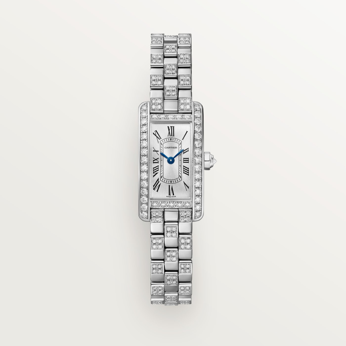 Cartier Tank Américaine, Mini model, quartz movement - high autonomy, white gold, diamonds WJTA0067