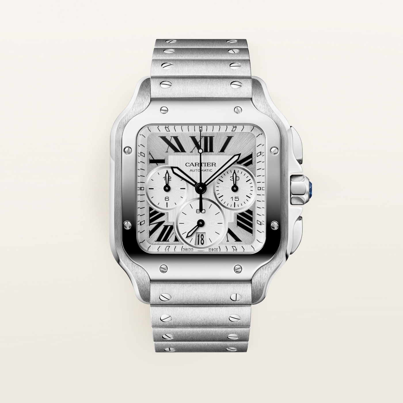 Santos de Cartier, Large model, automatic movement, steel, interchangeable metal bracelet and rubber straps WSSA0083