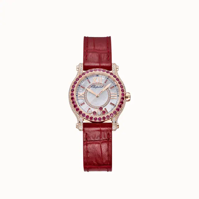 Chopard Happy Sport, 30 mm, automatic, ethical rose gold, diamonds, rubies 274302-5005