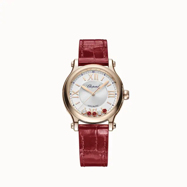 Chopard Happy Sport, 33 mm, automatic, ethical rose gold, diamonds, rubies 275378-5011
