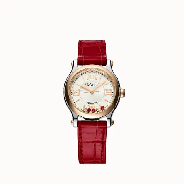 Chopard Happy Sport, 30 mm, automatic, ethical rose gold, Lucent Steel™, diamonds, rubies 278573-6026
