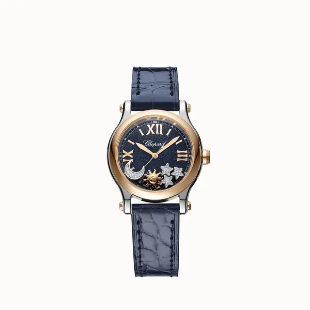 Chopard Happy Sport Sun, Moon and Stars, 30 mm, automatic, ethical rose gold, Lucent Steel™, diamonds 278573-6027