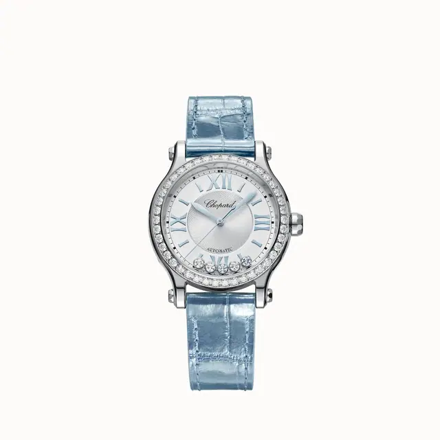 Chopard Happy Sport, 33 mm, automatic, Lucent Steel™, diamonds, aquamarines 278608-3009
