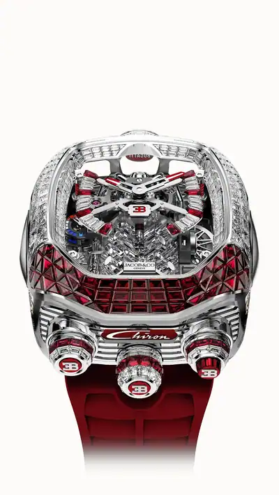 Jacob & Co. Bugatti Chiron Tourbillon Baguette — White Gold (Diamonds & Rubies) BU800.30.AJ.UA.ABRUA