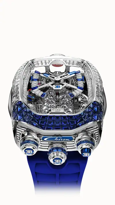 Jacob & Co. Bugatti Chiron Tourbillon Baguette — White Gold (Diamonds & Blue Sapphires) BU800.30.AM.UA.A