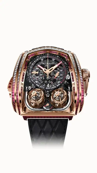 Jacob & Co. Twin Turbo Furious Baguette — Rose Gold with White Diamonds and Rubies TT800.40.AA.AA.A