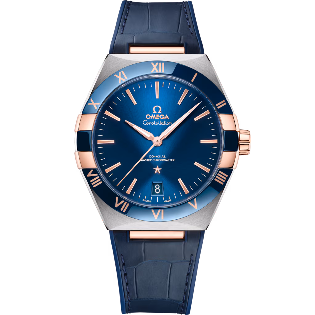 Omega Constellation 41 mm, steel ‑ Sedna™ gold on leather strap, Blue dial 131.23.41.21.03.001
