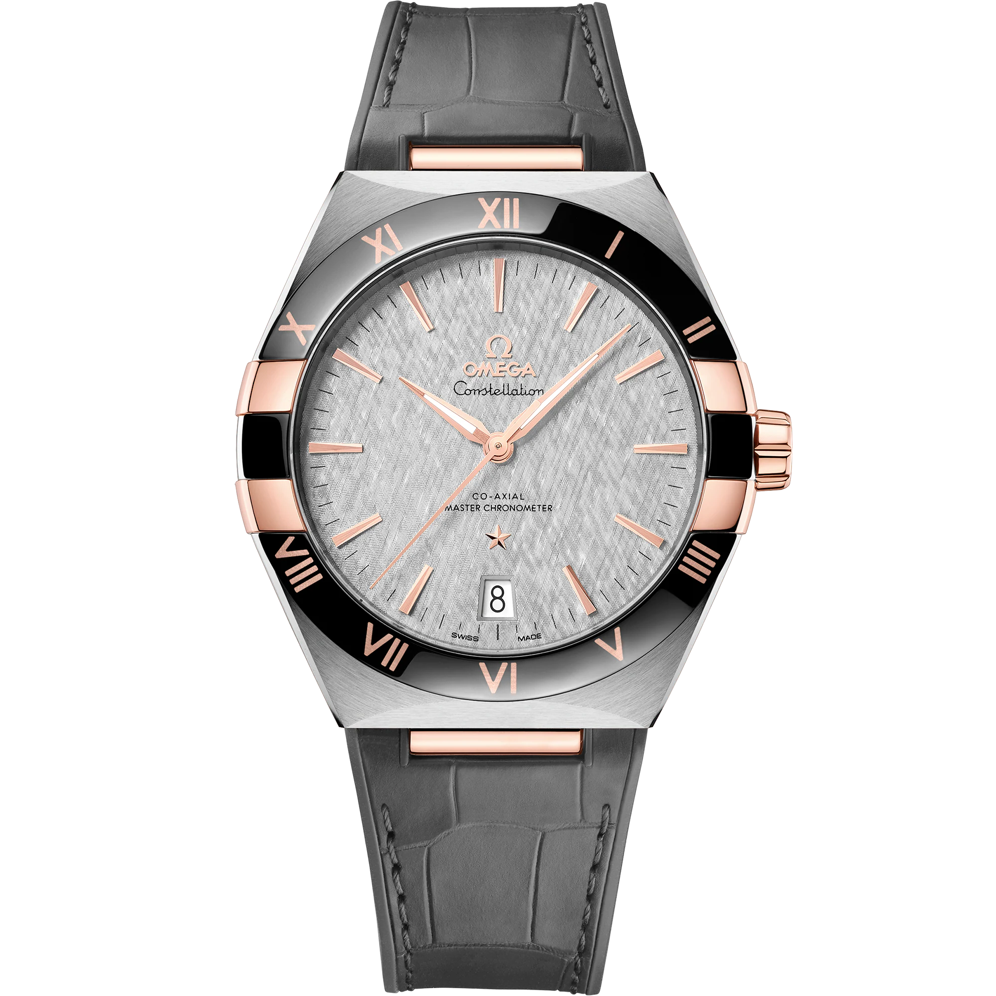 Omega Constellation 41 mm, steel ‑ Sedna™ gold on leather strap, Grey dial 131.23.41.21.06.001