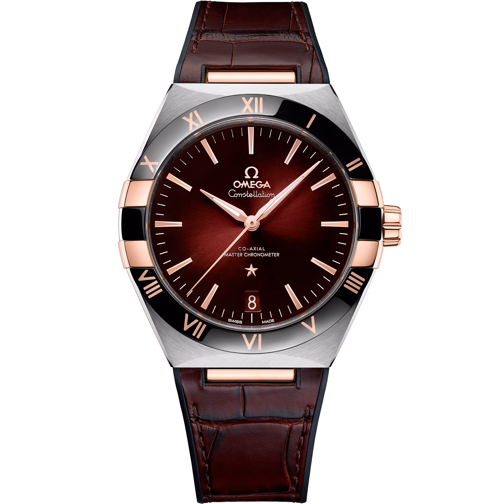 Omega Constellation 41 mm, steel ‑ Sedna™ gold on leather strap, Red dial 131.23.41.21.11.001