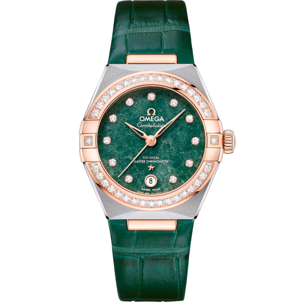Omega Constellation 29 mm, steel ‑ Sedna™ gold on leather strap, Green dial 131.28.29.20.99.001