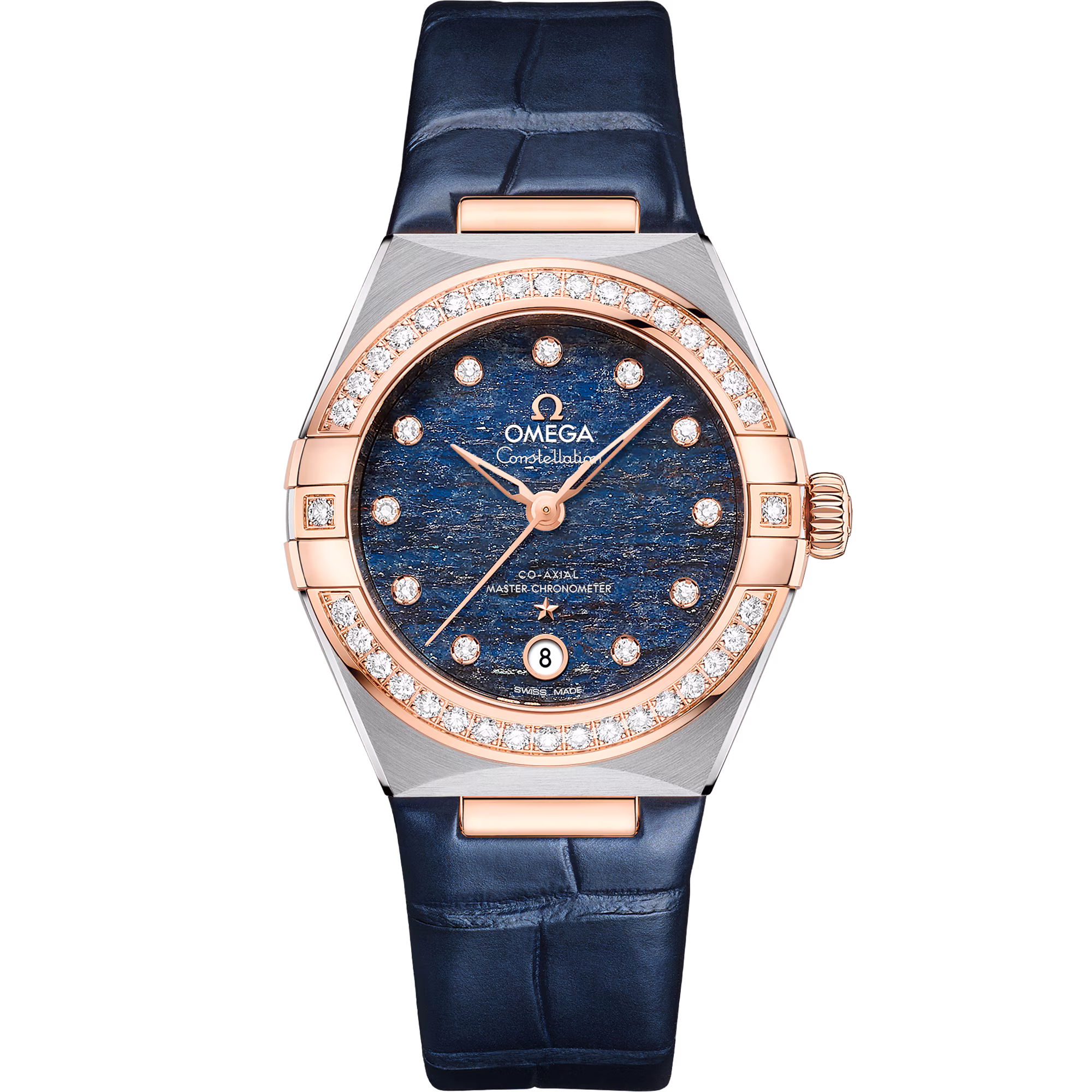 Omega Constellation 29 mm, steel ‑ Sedna™ gold on leather strap, Blue dial 131.28.29.20.99.003