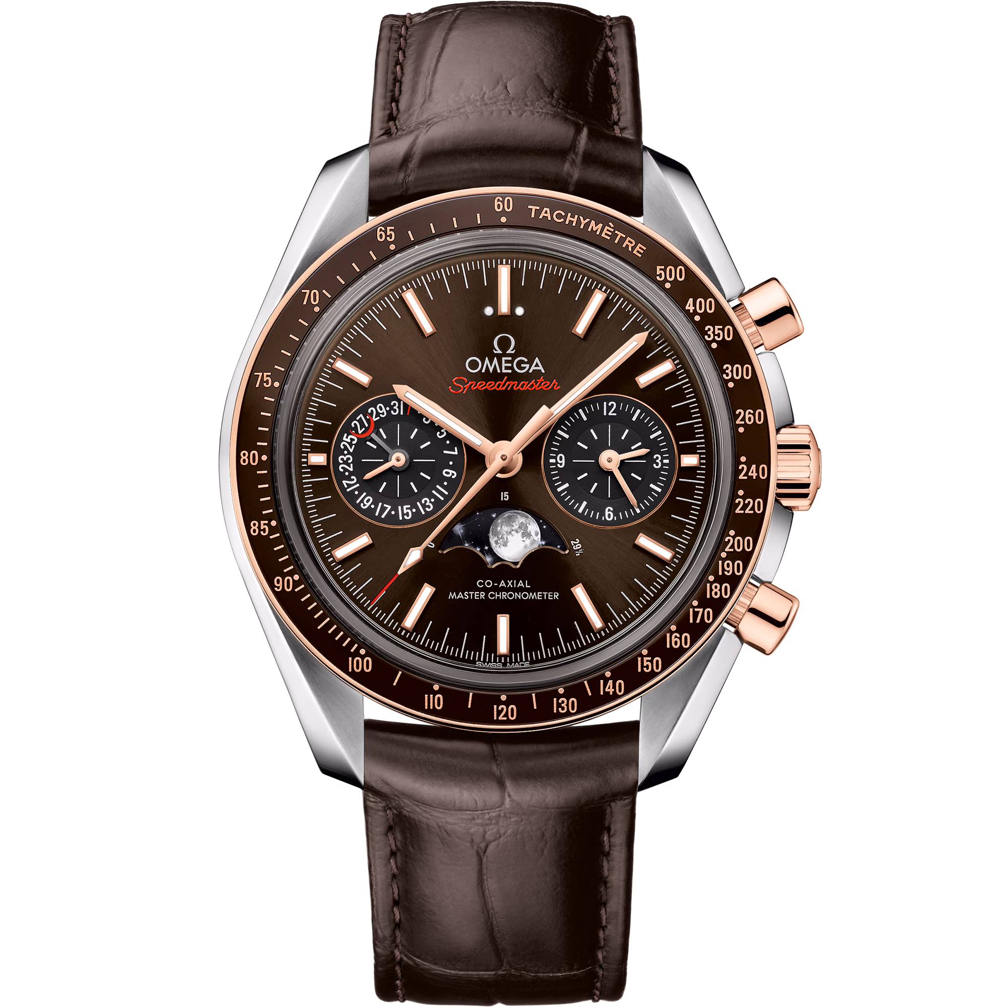 Omega Speedmaster Moonphase 44.25 mm, steel - Sedna™ gold on leather strap 304.23.44.52.13.001