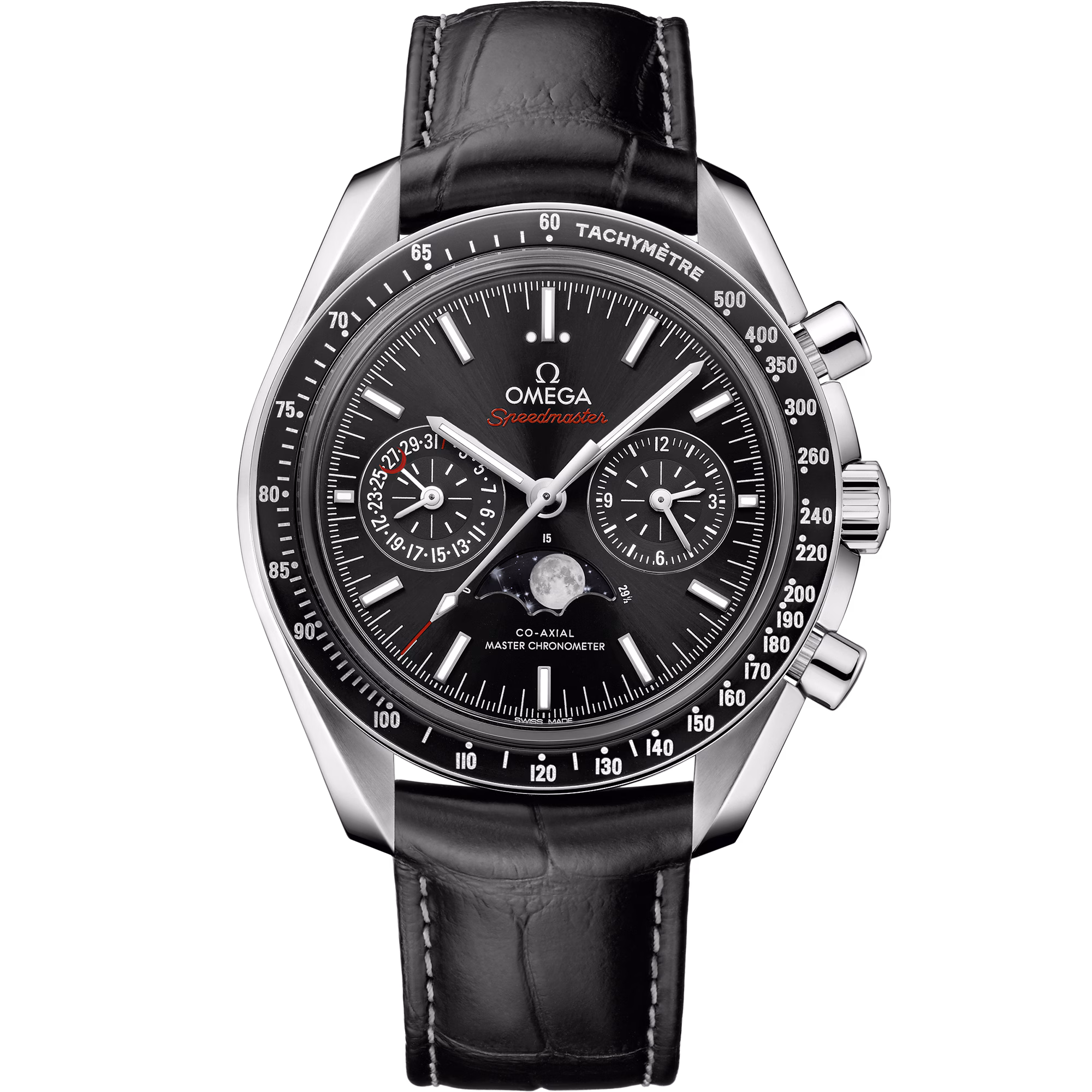 Omega Speedmaster Moonphase 44.25 mm, steel on leather strap, Black dial 304.33.44.52.01.001