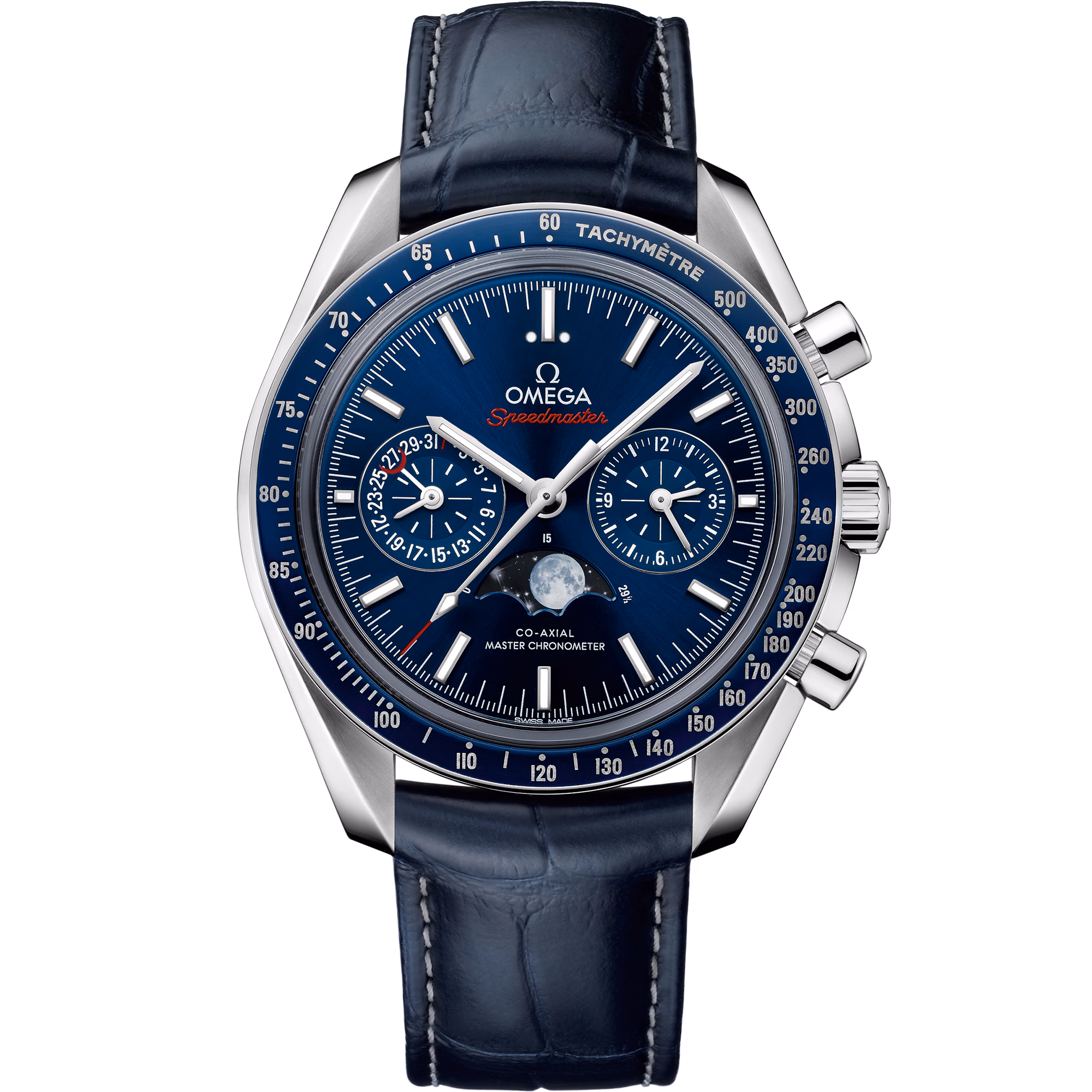 Omega Speedmaster Moonphase 44.25 mm, steel on leather strap, Blue dial 304.33.44.52.03.001