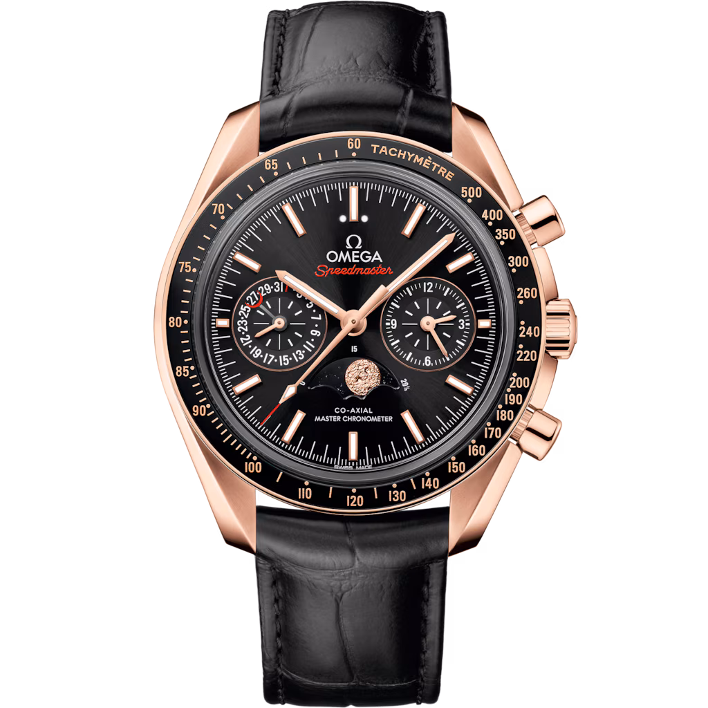 Omega Speedmaster Moonphase 44.25 mm, Sedna™ gold on leather strap 304.63.44.52.01.001