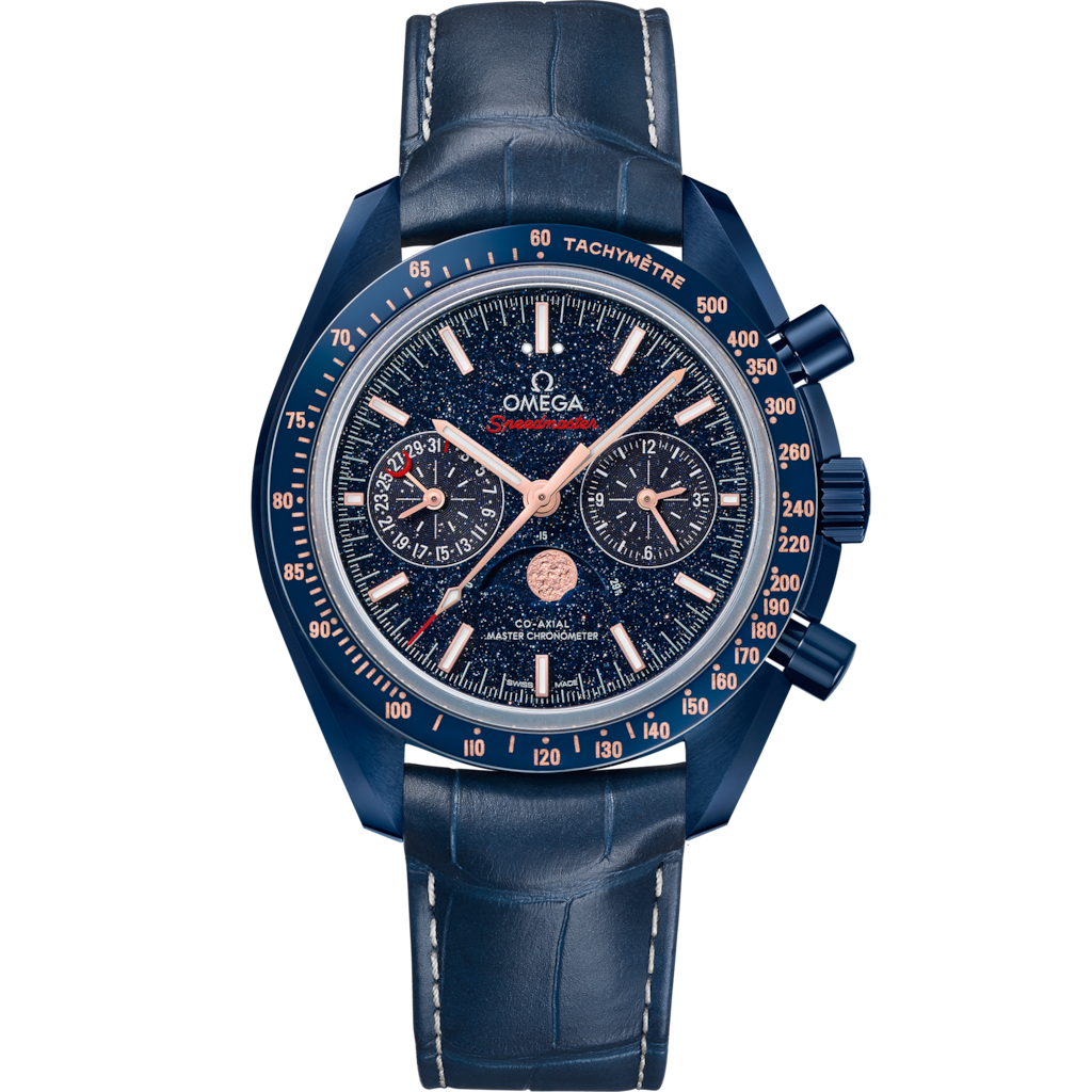 Omega Blue Side Of The Moon Speedmaster Moonphase 44.25 mm, blue ceramic on leather strap 304.93.44.52.03.002