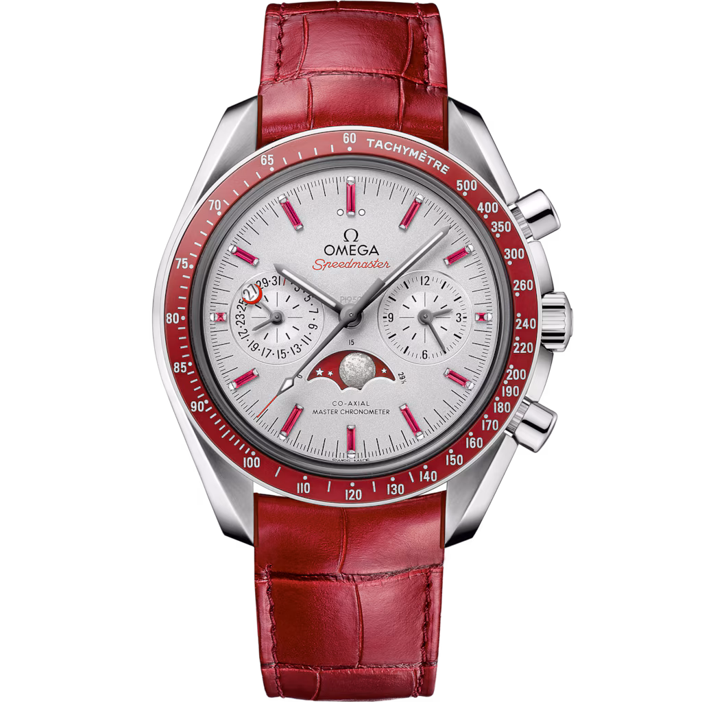Omega Speedmaster Moonphase 44.25 mm, platinum on leather strap, Grey dial 304.93.44.52.99.002