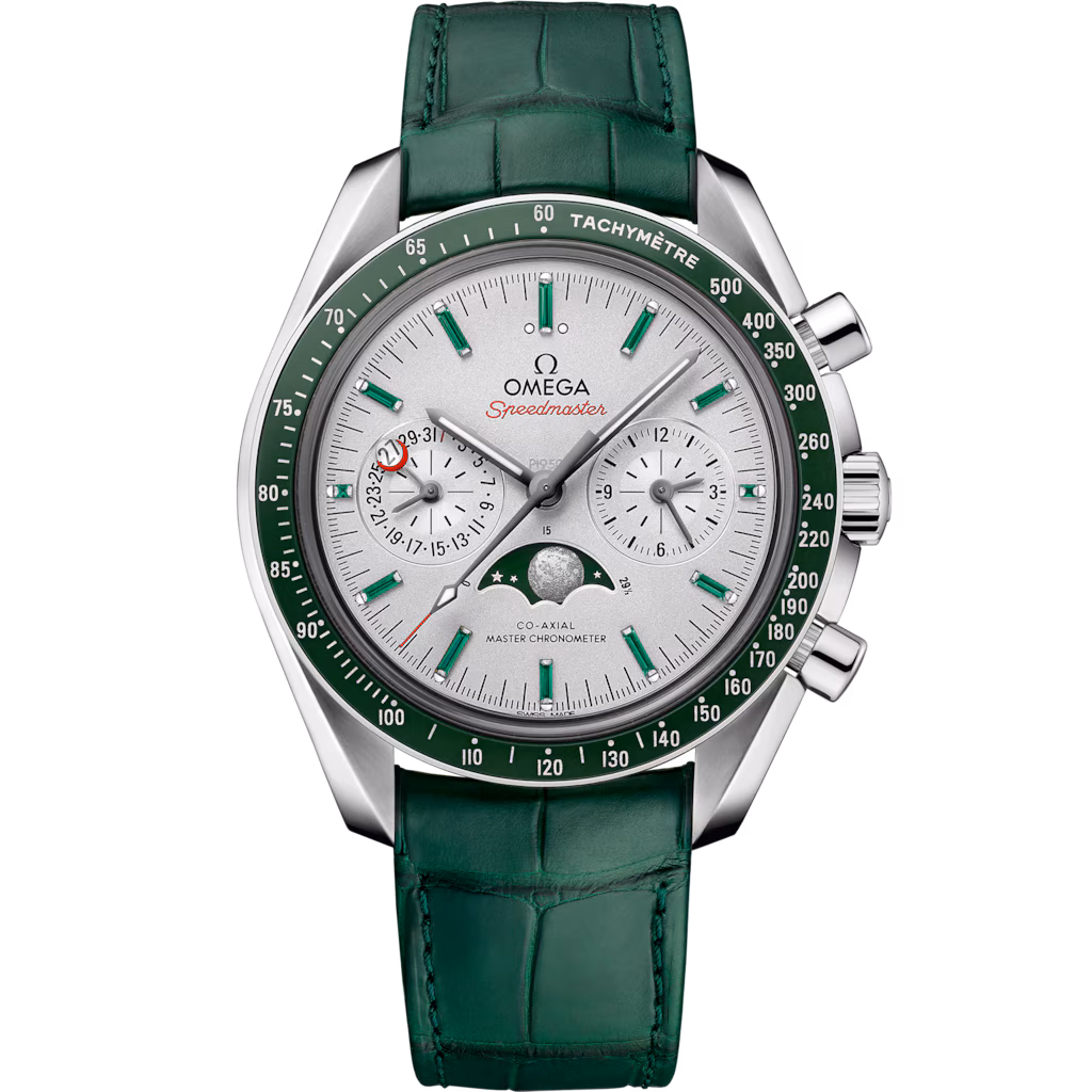 Omega Speedmaster Moonphase 44.25 mm, platinum on leather strap, Grey dial 304.93.44.52.99.003