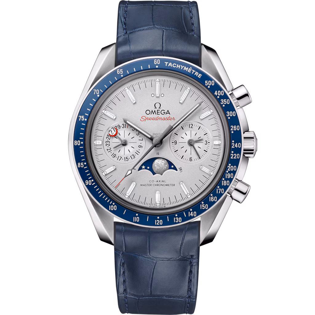 Omega Speedmaster Moonphase 44.25 mm, platinum on leather strap, Grey dial 304.93.44.52.99.004