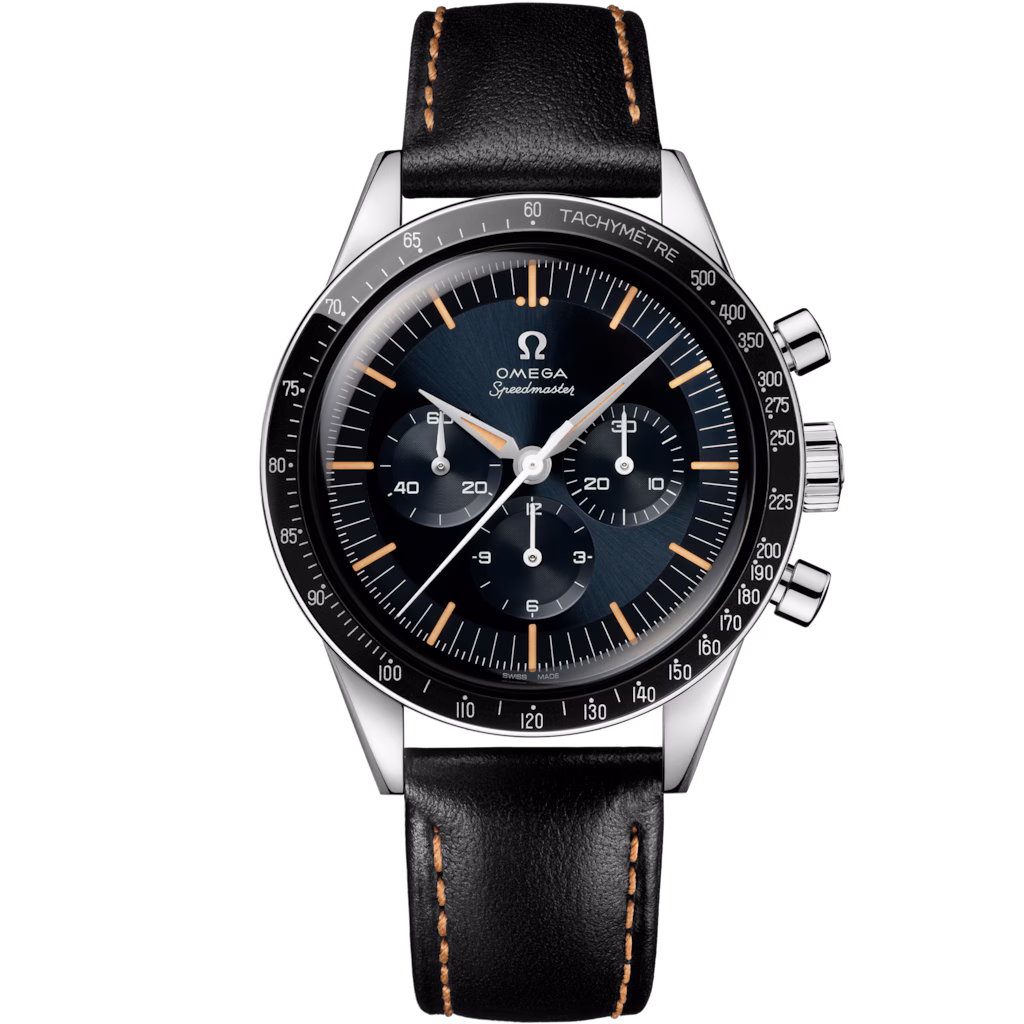 Speedmaster First OMEGA in Space 39.7 mm, steel on leather strap, Blue - Grey dial 310.32.40.50.06.001