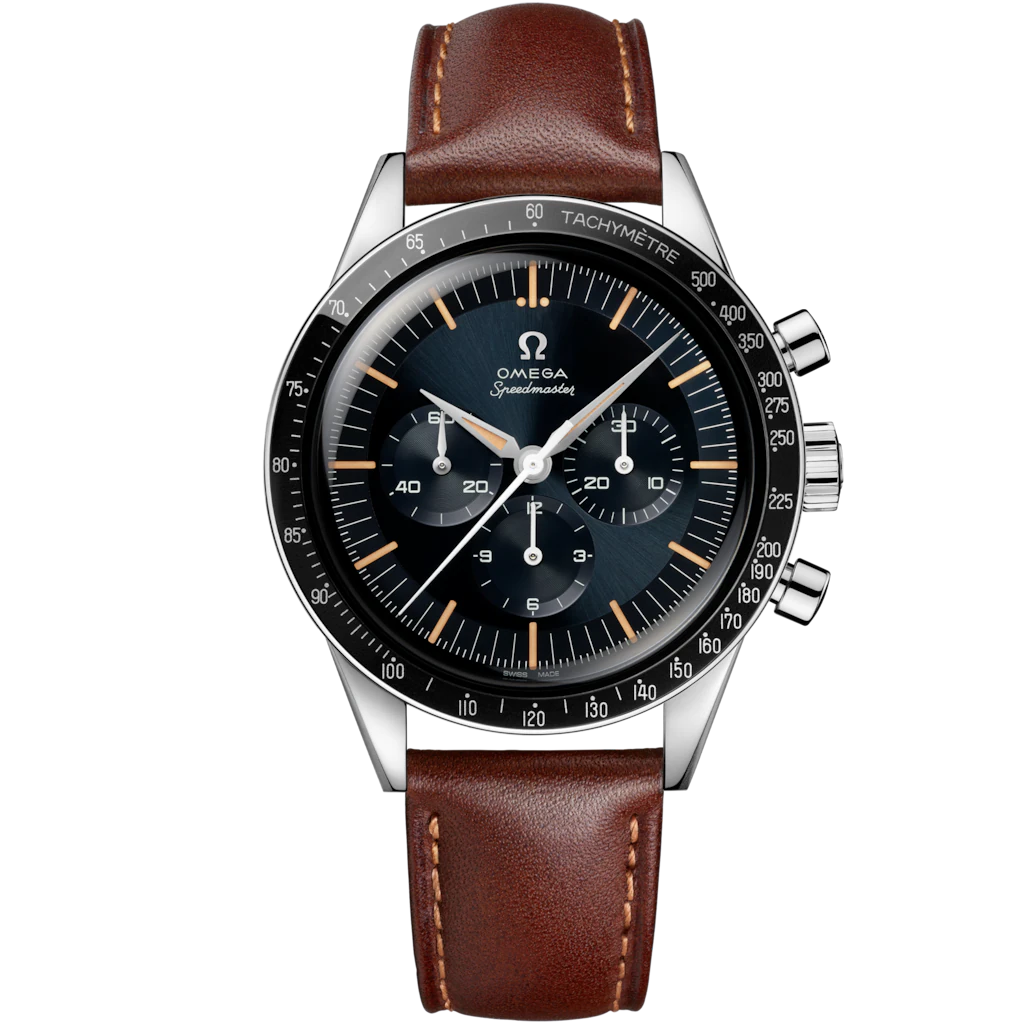 Speedmaster First OMEGA in Space 39.7 mm, steel on leather strap, Blue - Grey dial 310.32.40.50.06.002