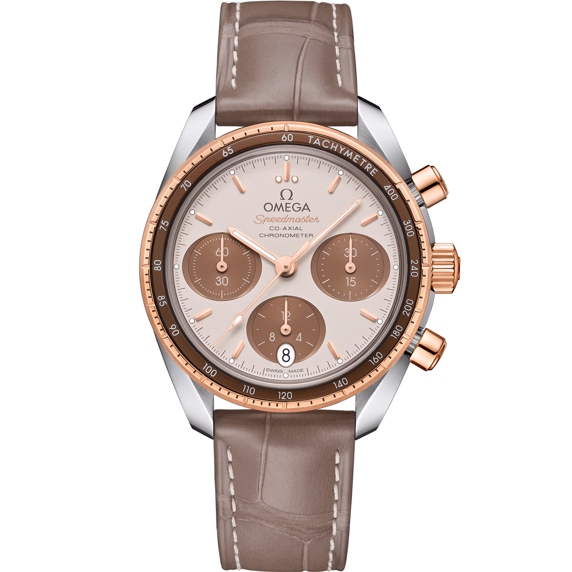 Omega Speedmaster 38 38 mm, steel ‑ Sedna™ gold on leather strap, Speedmaster 38 324.23.38.50.02.002