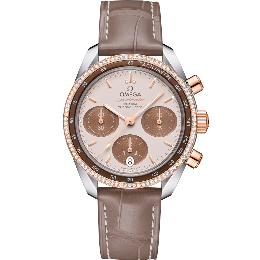 Omega Speedmaster 38 38 mm, steel ‑ Sedna™ gold on leather strap, Speedmaster 38 324.28.38.50.02.002